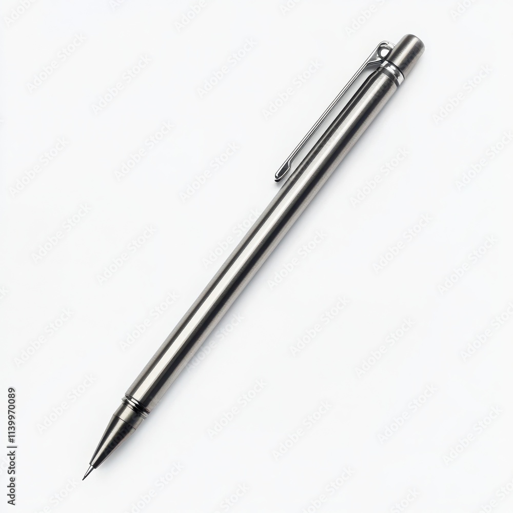 A sleek mechanical pencil with a metal body and retractable lead on a white background A sleek mechanical pencil with a metal body and retractable lead on a white background