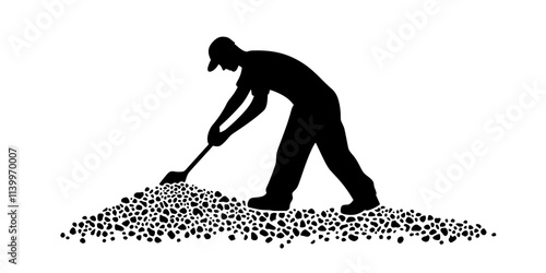 Man spreading crushed stone to form a pathway in the backyard garden, Digital Art