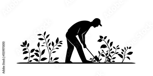 Man removing dead plants from a garden to maintain organic growing conditions, Digital Art