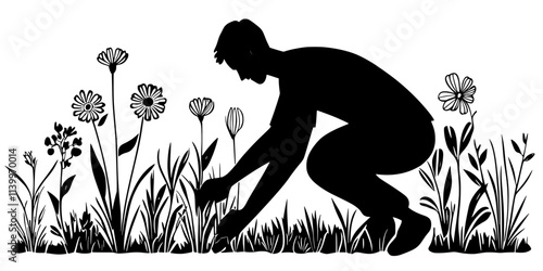 Man setting up a pollinator garden along the perimeter of a backyard, Digital Art