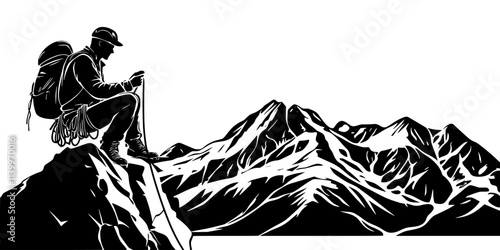 Mountaineer inspecting climbing ropes before beginning an ascent up a steep mountain, Digital Art
