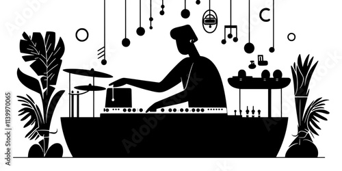 Musician adjusting audio levels for instruments while mixing jazz tracks, Digital Art