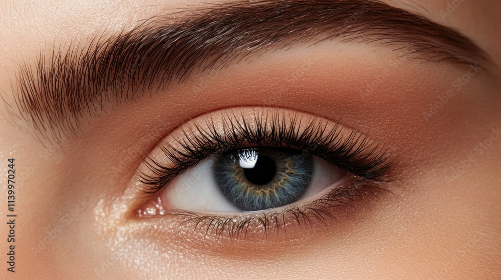 Fototapeta premium Extreme close-up of an eye with fine lash extensions, highlighting the precise application and curl.