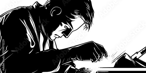 Metalworker welding pieces together to form a modern art sculpture, Digital Art