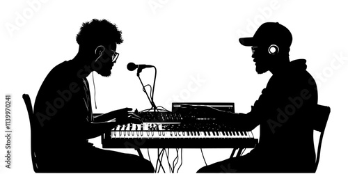 Musician interacting with a producer during a recording session in a studio, Digital Art