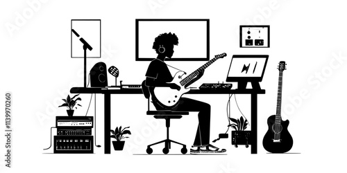 Musician playing electric guitar while recording in a studio, Digital Art
