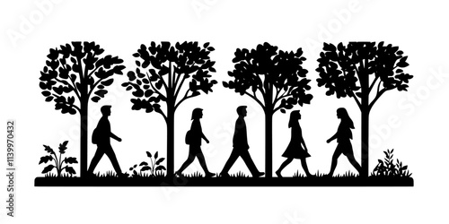 Participants practicing mindful walking in a quiet park area, Digital Art