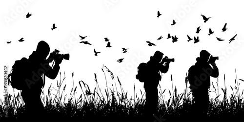 Participants using camouflage techniques to blend into surroundings while photographing birds, Digital Art