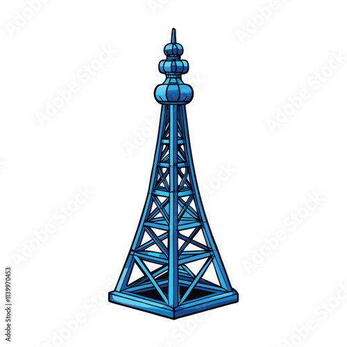 Render a futuristic, isolated 3D model of a blue abstract telecommunication tower against a white background.  Focus on clean lines and geometric shapes.