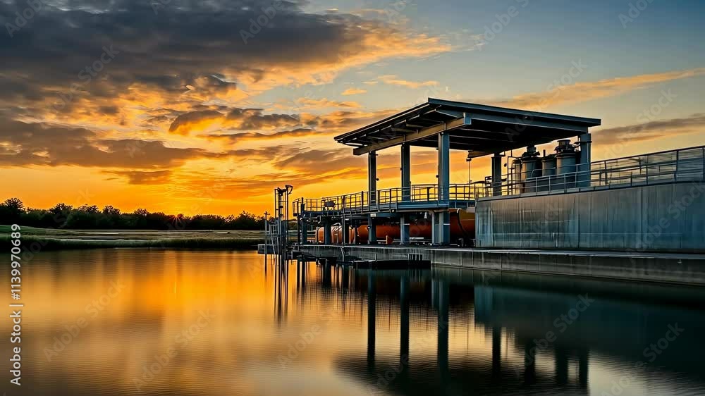 A water treatment facility gleams under a vivid sunset, reflecting golden hues on calm waters, capturing industry at peace with nature, showcasing a serene end to the day. A water treatment facility gleams under a vivid sunset, reflecting golden hues on calm waters, capturing industry at peace with nature, showcasing a serene end to the day.