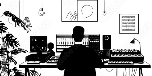 Person connecting cables between a mixer and audio interface in a home space, Digital Art