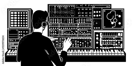 Person creating sound patches on a modular synthesizer in a studio, Digital Art