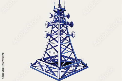 Generate a photorealistic render of an isolated, futuristic blue abstract 3D telecommunication tower, showcasing its intricate design and metallic texture.