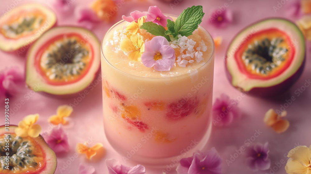 Refreshing tropical guava and passion fruit smoothie with floral garnish Refreshing tropical guava and passion fruit smoothie with floral garnish