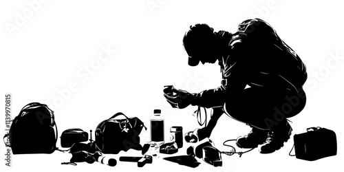 Person organizing climbing gear and supplies before heading out for a mountaineering expedition, Digital Art
