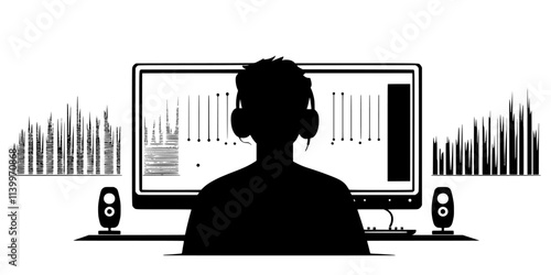 Person reviewing recorded verses and beats on a computer screen, Digital Art