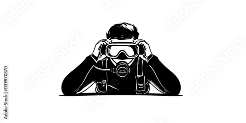 Person securing a diving mask and adjusting straps before starting a scuba diving session, Digital Art