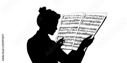 Person reviewing sheet music while preparing for a classical music recording, Digital Art