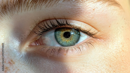 Eye with fluttery eyelash extensions, reflecting soft natural light, and flawless skin in the background. photo