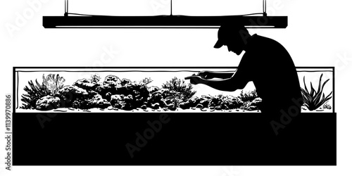 Person setting up lighting to support the environment inside a saltwater tank, Digital Art