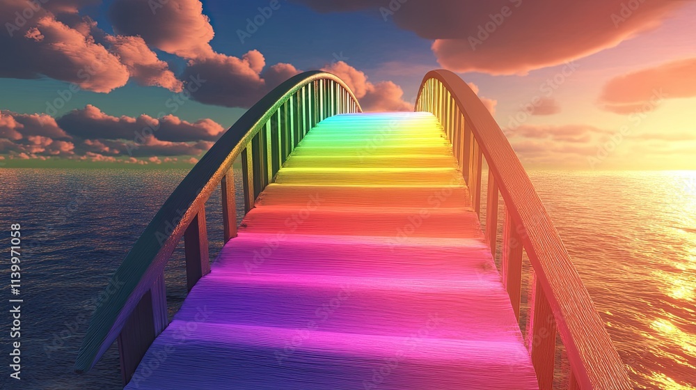 Fototapeta premium Rainbow Steps Bridge Over Ocean Sunset