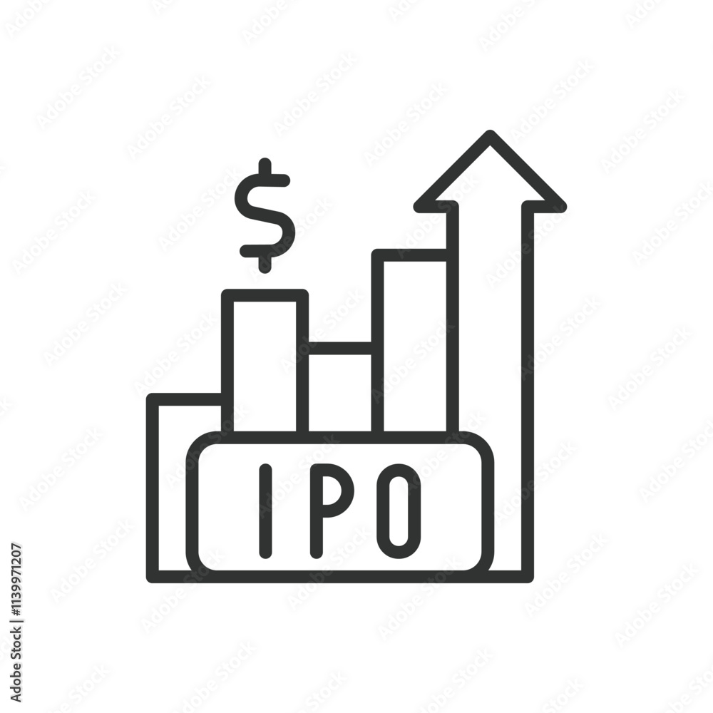 IPO, icon in line design. IPO, initial, public, offering, stocks, market, trading on white background vector. IPO editable stroke icon IPO, icon in line design. IPO, initial, public, offering, stocks, market, trading on white background vector. IPO editable stroke icon