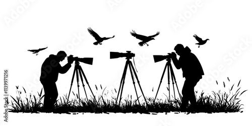 Photographers setting up long lenses on tripods, preparing to capture birds from a safe distance, Digital Art
