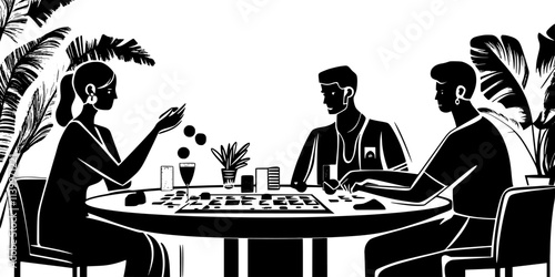 Players around a table adjusting their tokens, thinking about how best to complete game objectives, Digital Art