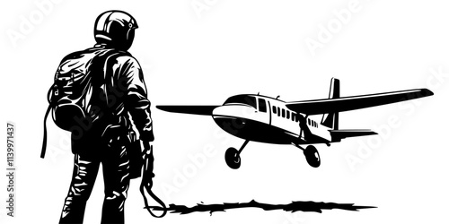 Skydiver checking wind conditions before performing a freefall from a plane, Digital Art