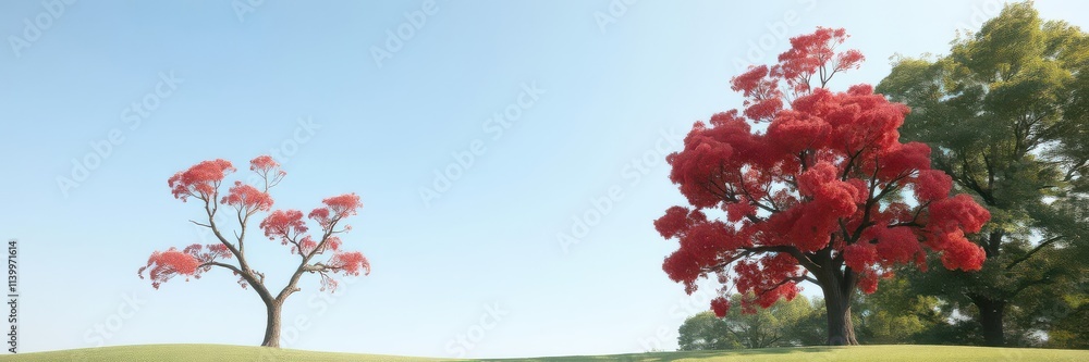 A vibrant red heart-shaped tree stands alone against a clear sky, foliage, whimsical A vibrant red heart-shaped tree stands alone against a clear sky, foliage, whimsical