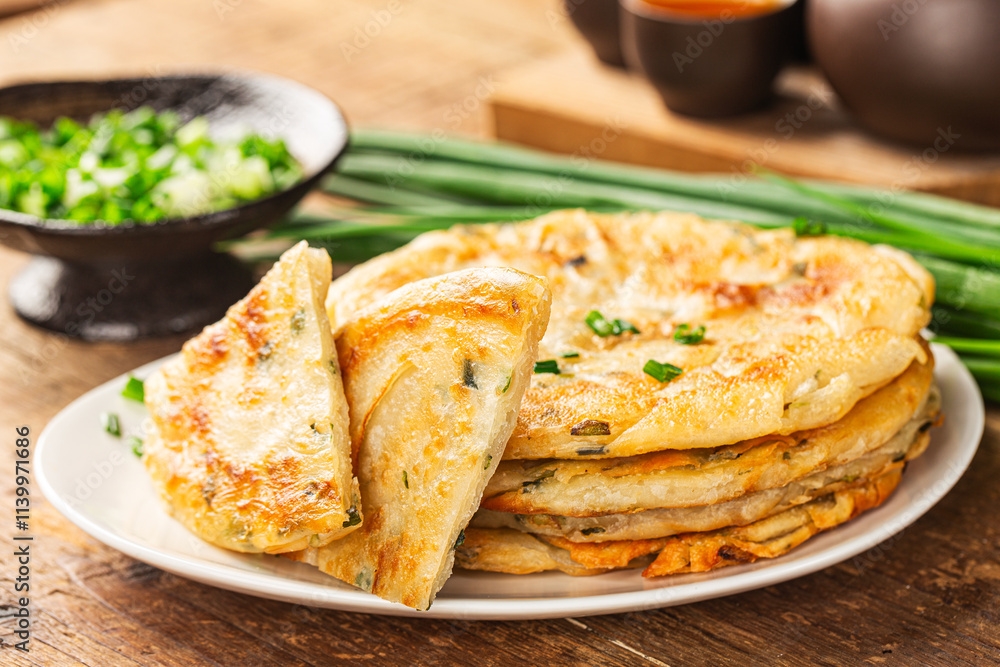 Green onion pancakes are a fried Chinese flatbread often eaten as a snack or with a meal. Green onion pancakes are a fried Chinese flatbread often eaten as a snack or with a meal.