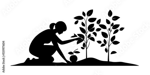 Someone mulching the base of a young fruit tree in an outdoor garden space, Digital Art