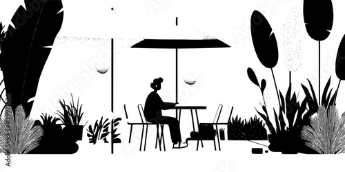 Someone installing drip irrigation in a xeriscaped garden near an outdoor seating area, Digital Art