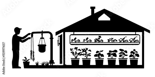 Someone installing a new hydroponic system in a small greenhouse attached to a house, Digital Art