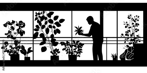 Someone pruning plants growing in a vertical garden on a balcony in an apartment, Digital Art