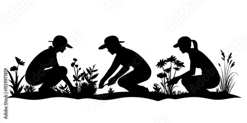 Team preparing beds for planting native flora in a landscaped yard, Digital Art