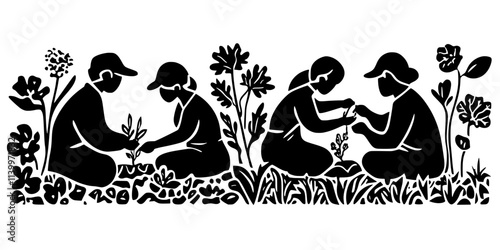Team planting perennial crops to support a sustainable garden system in a yard, Digital Art