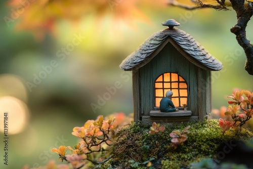 A miniature house sits on moss, a tiny figure inside, illuminated by warm light, creating a serene autumnal scene.