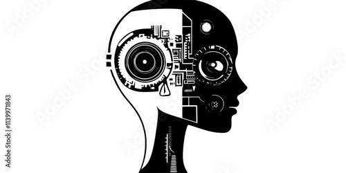 Humanoid robot head constructed with sensors and cameras for vision and interaction, Digital Art