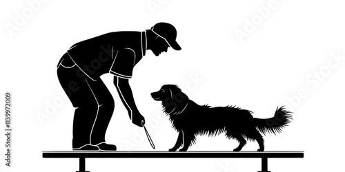 Trainer demonstrating how to get a dog to balance on a small platform, Digital Art