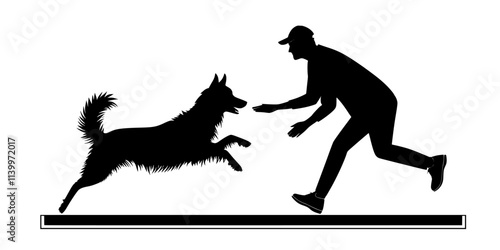 Trainer practicing speed and accuracy with a dog on an advanced agility course, Digital Art