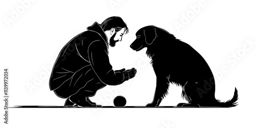 Trainer teaching a dog to jump over arms as part of a trick sequence, Digital Art