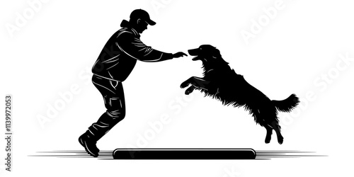 Trainer teaching a dog to jump over arms as part of a trick sequence, Digital Art