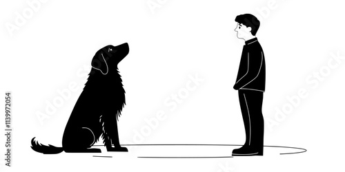 Trainer standing in front of a dog, waiting for eye contact before giving a command, Digital Art