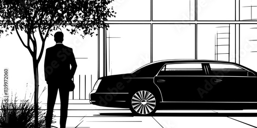 Traveler entering a limousine parked outside an upscale hotel before heading to the airport, Digital Art
