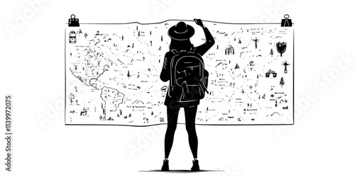 Traveler creating a daily itinerary for a solo vacation, Digital Art