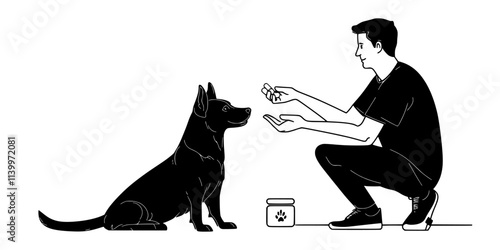 Trainer teaching a dog to jump over arms as part of a trick sequence, Digital Art