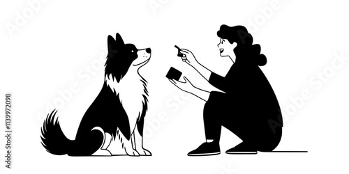Trainer teaching a dog to jump over arms as part of a trick sequence, Digital Art