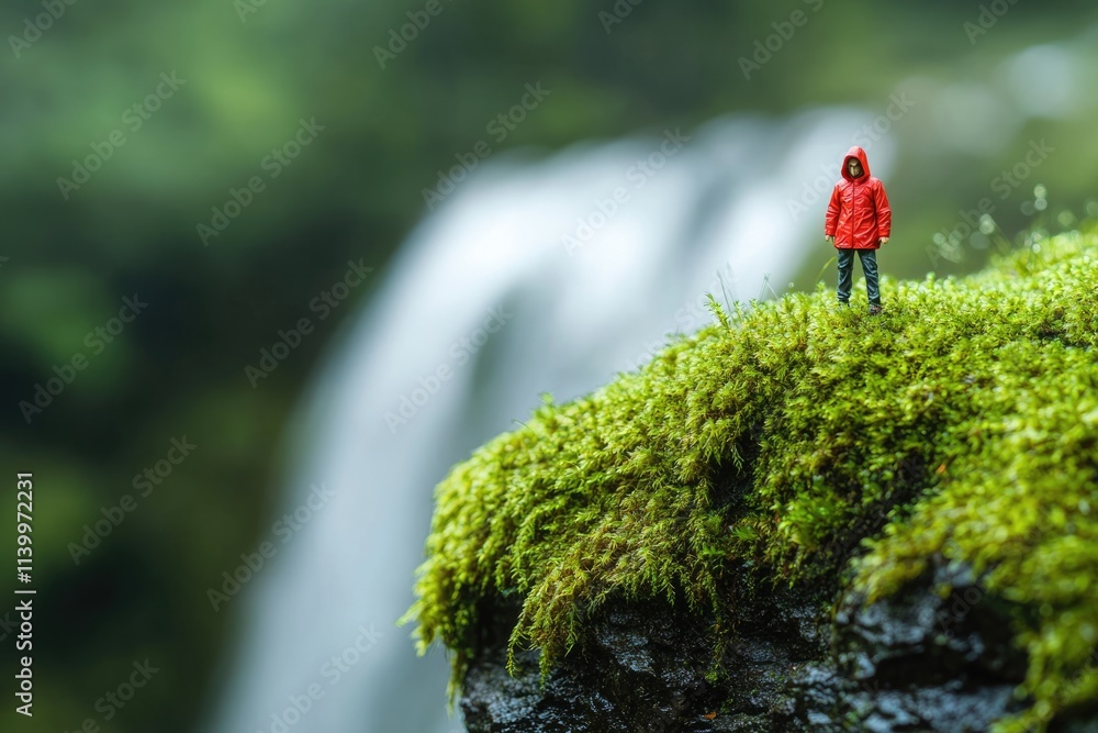 Miniature hiker in red raincoat stands on mossy rock overlooking a blurred waterfall. Miniature hiker in red raincoat stands on mossy rock overlooking a blurred waterfall.