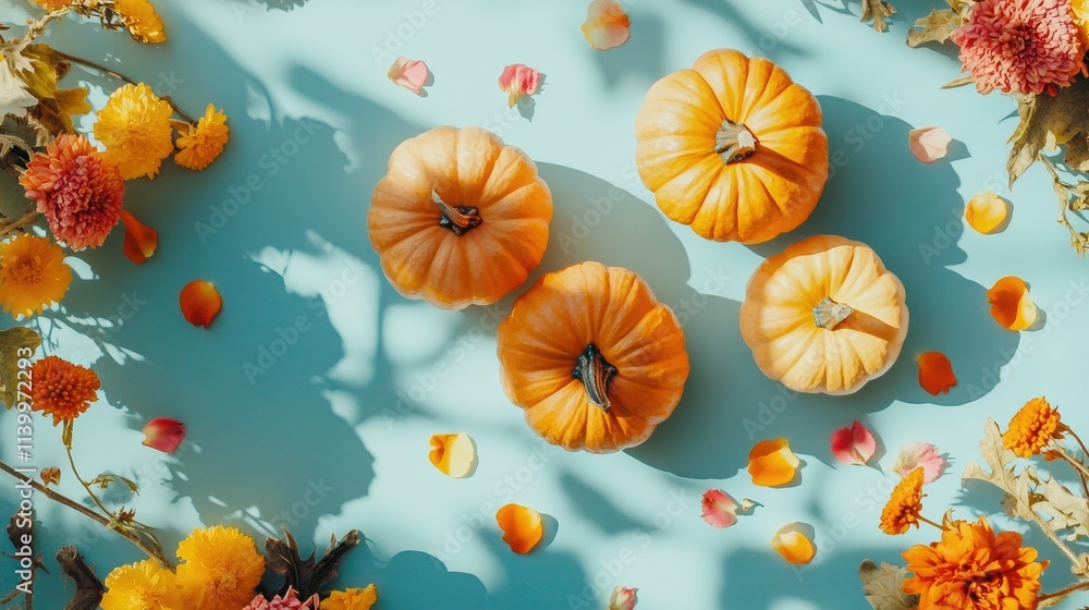 Flat-lay of pumpkins, flowers, and scattered petals on a table, with soft blue-toned shadows framing the scene. Flat-lay of pumpkins, flowers, and scattered petals on a table, with soft blue-toned shadows framing the scene.